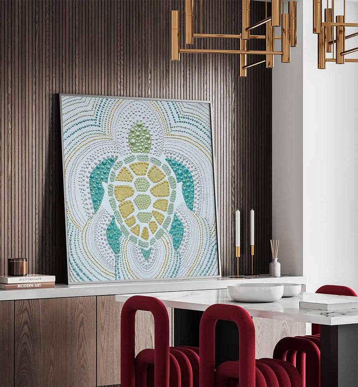 Vibrant GREEN SEA TURTLE, ANIMAL PAINTINGS enhance your decor with captivating abstract wildlife art.