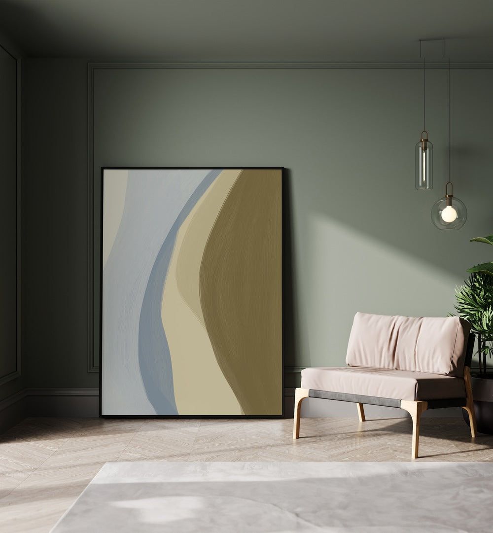 Greenhouse by Yopie Studio Abstract Paintings Abstract Art Prints in Black Plain Frame placed on the floor beside a sofa