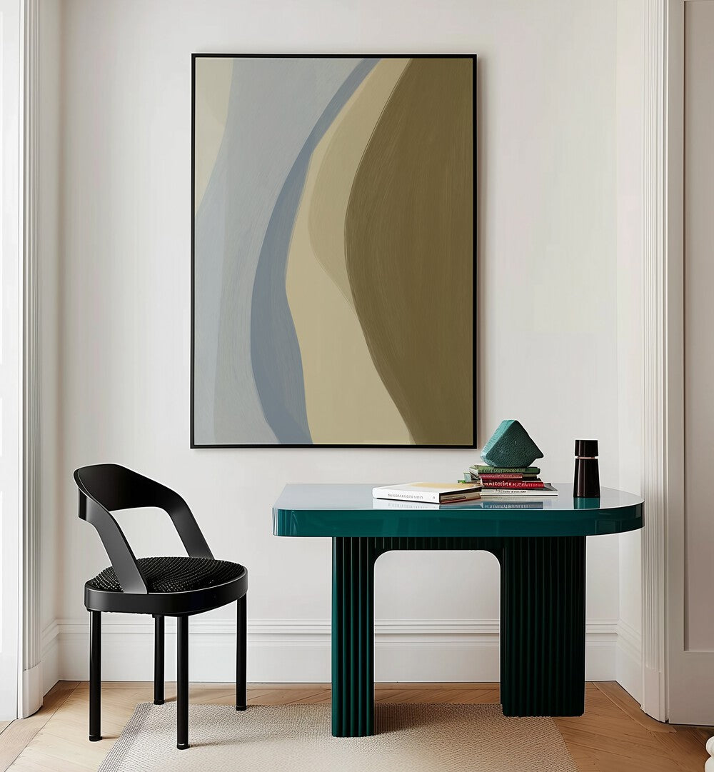 Greenhouse by Yopie Studio Abstract Paintings Abstract Art Prints in Black Plain Frame placed on the wall behind a study table