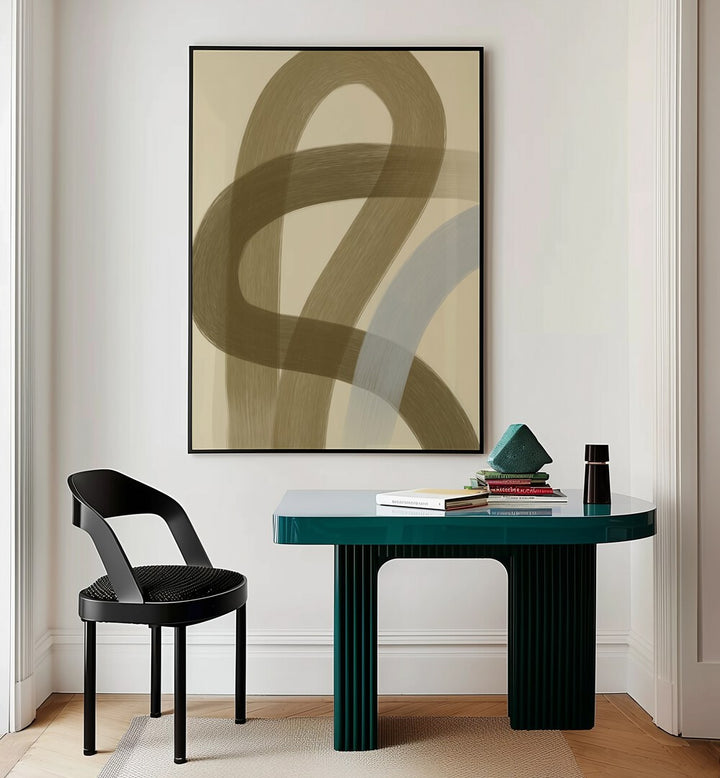 Greenhouse ii by Yopie Studio Abstract Paintings Abstract Art Prints in Black Plain Frame placed on a wall behind a study table