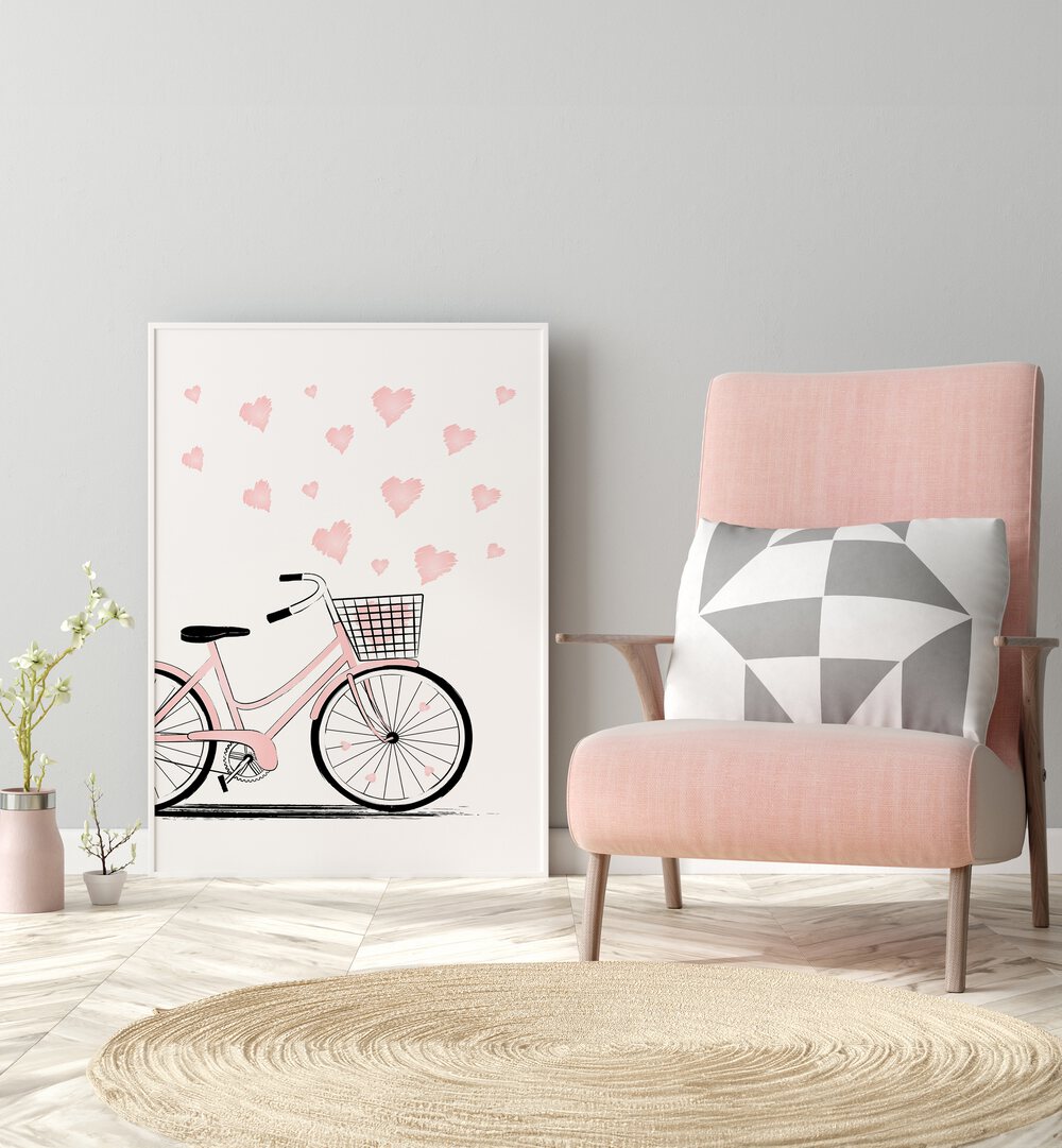 Grey Bike by Martina Fashion Paintings Fashion Posters placed on wall near pink sofa