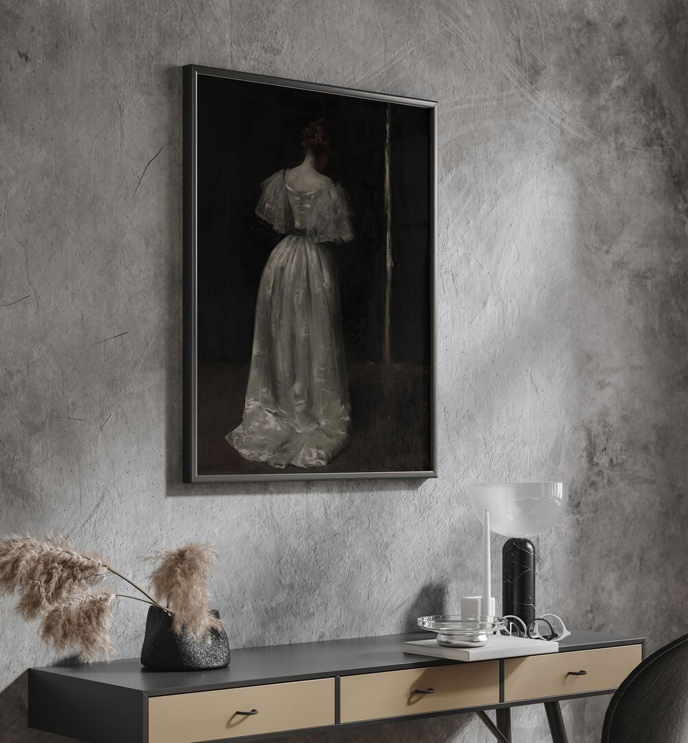 Grief's Silhouette The Weeping Women Gothic Art Prints in Black Plain Frame hanging on wall above console table.