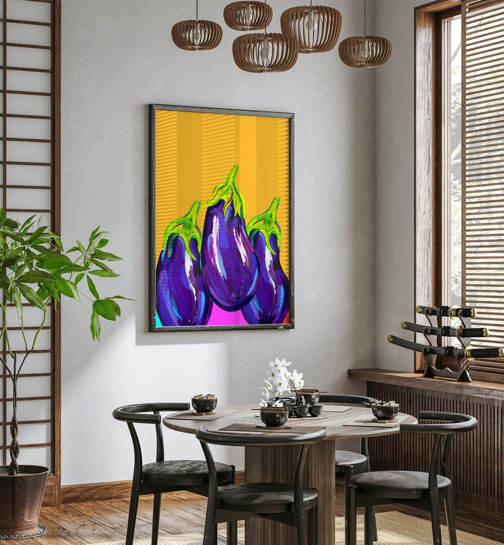 Groovy Aubergines by Alice Straker Kitchen Posters Kitchen Art Prints in Black Plain Frame placed on a wall in a dining room area beside a window and behind a dining table