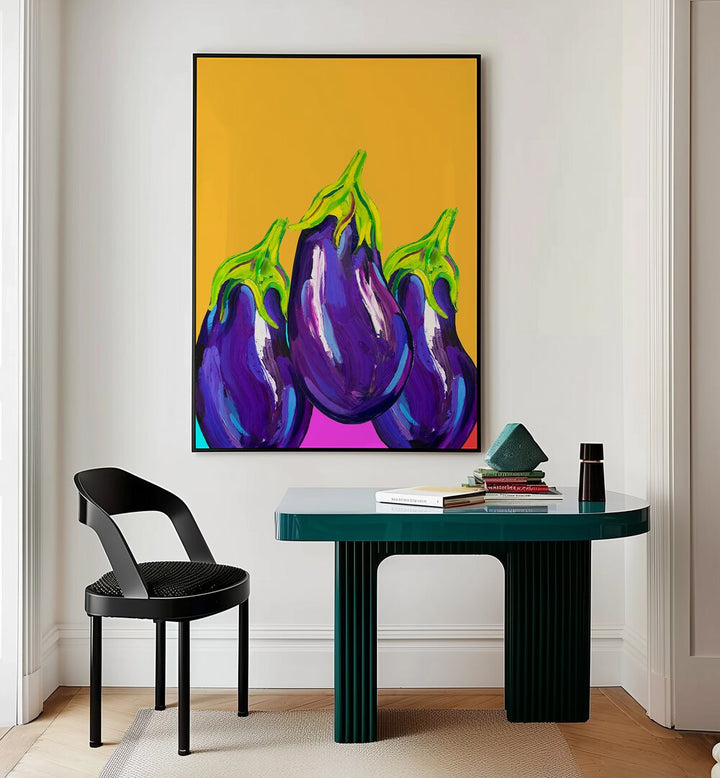 Groovy Aubergines by Alice Straker Kitchen Posters Kitchen Art Prints in Black Plain Frame placed on a wall behind a study table