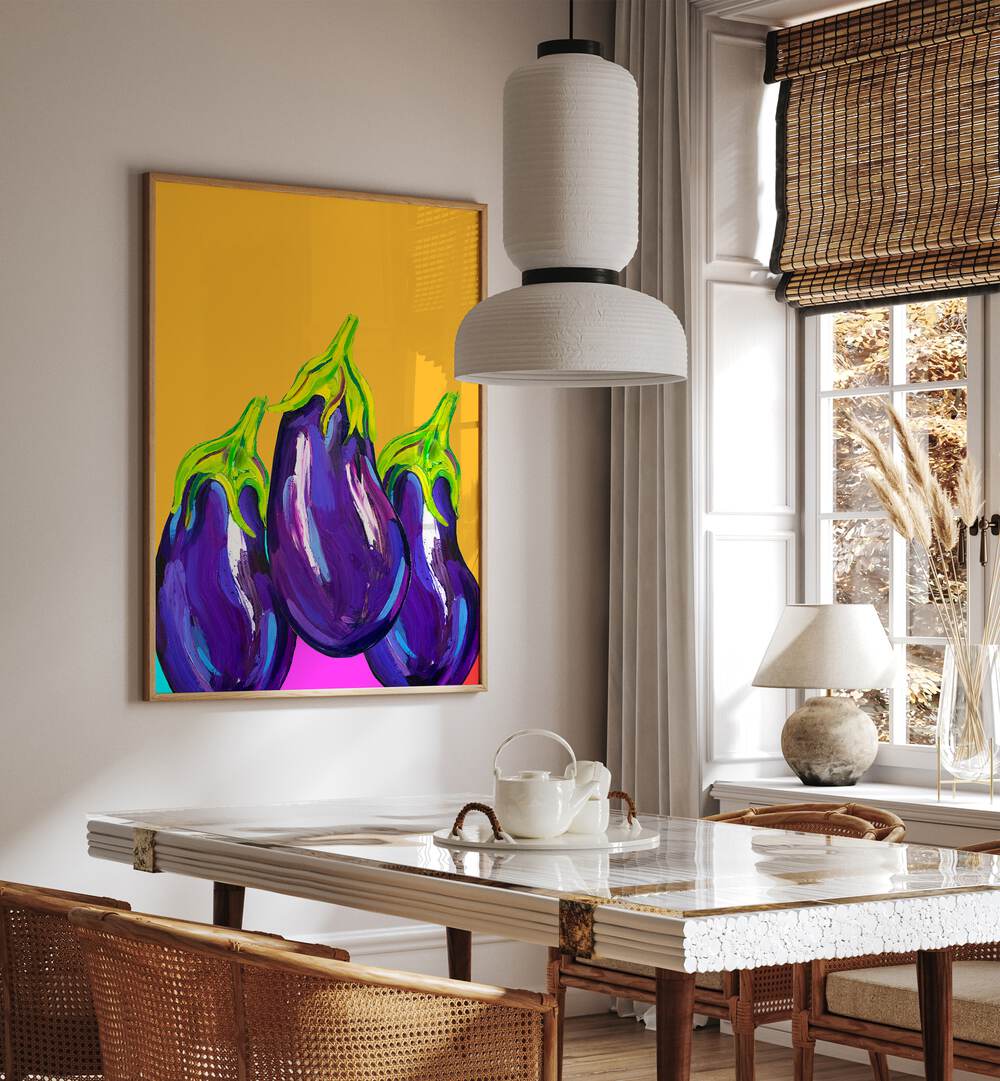 Groovy Aubergines by Alice Straker Kitchen Posters Kitchen Art Prints in Oak Wood Plain Frame placed on a wall in a dining room area beside a window and behind a dining table