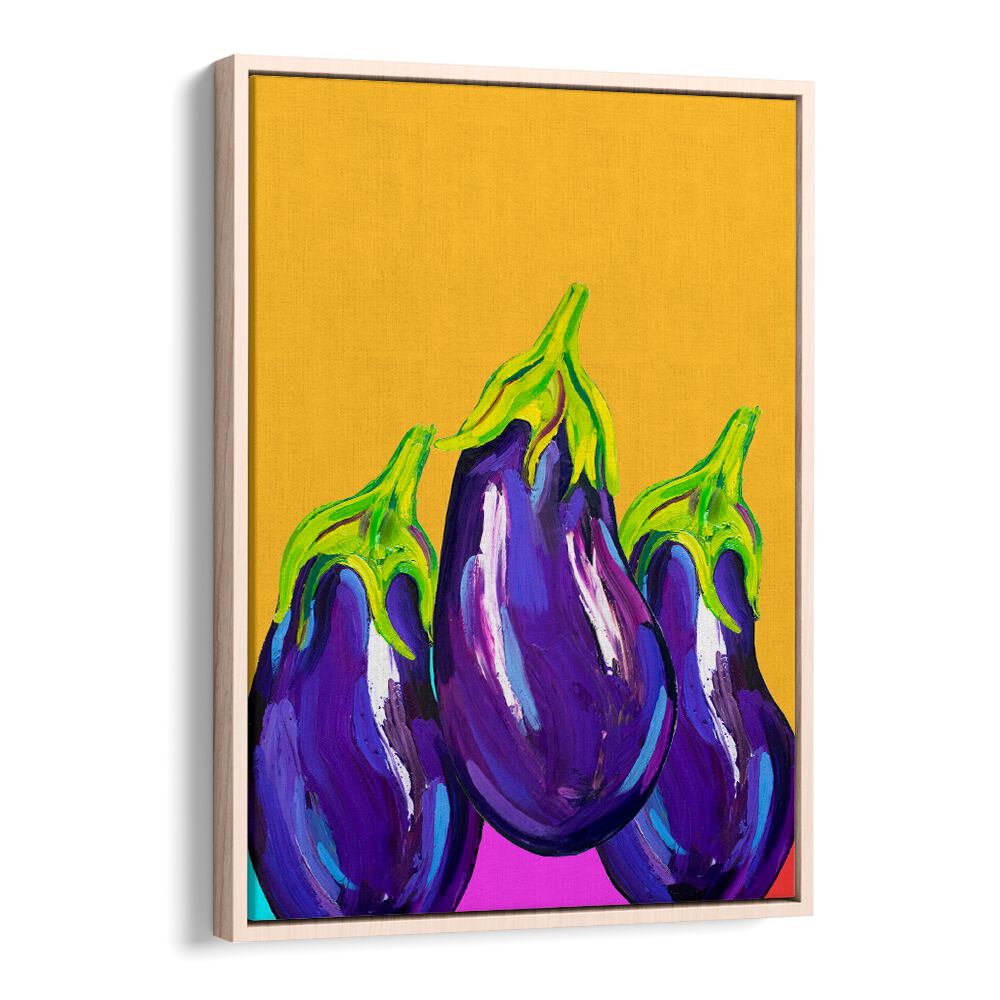 Groovy Aubergines by Alice Straker Kitchen Posters Kitchen Art Prints in Oak Wood Floater Frame