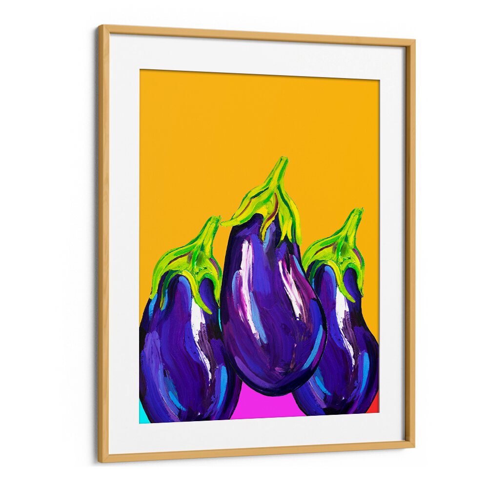 Groovy Aubergines by Alice Straker Kitchen Posters Kitchen Art Prints in Oak Wood Frame With Mount