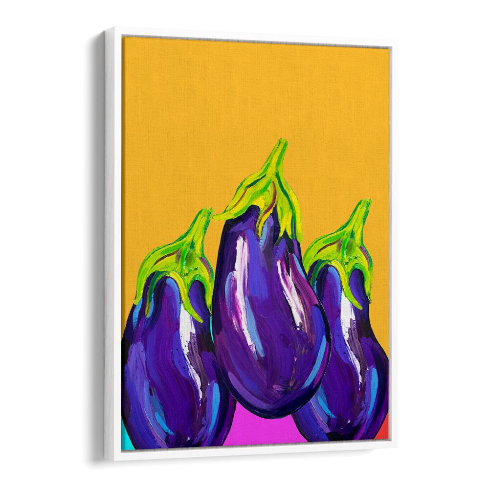 Groovy Aubergines by Alice Straker Kitchen Posters Kitchen Art Prints in White Floater Frame