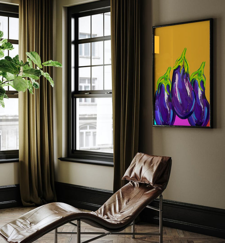 Groovy Aubergines by Alice Straker Kitchen Posters Kitchen Art Prints in Black Plain Frame placed on a living room wall behind a chair and beside a window