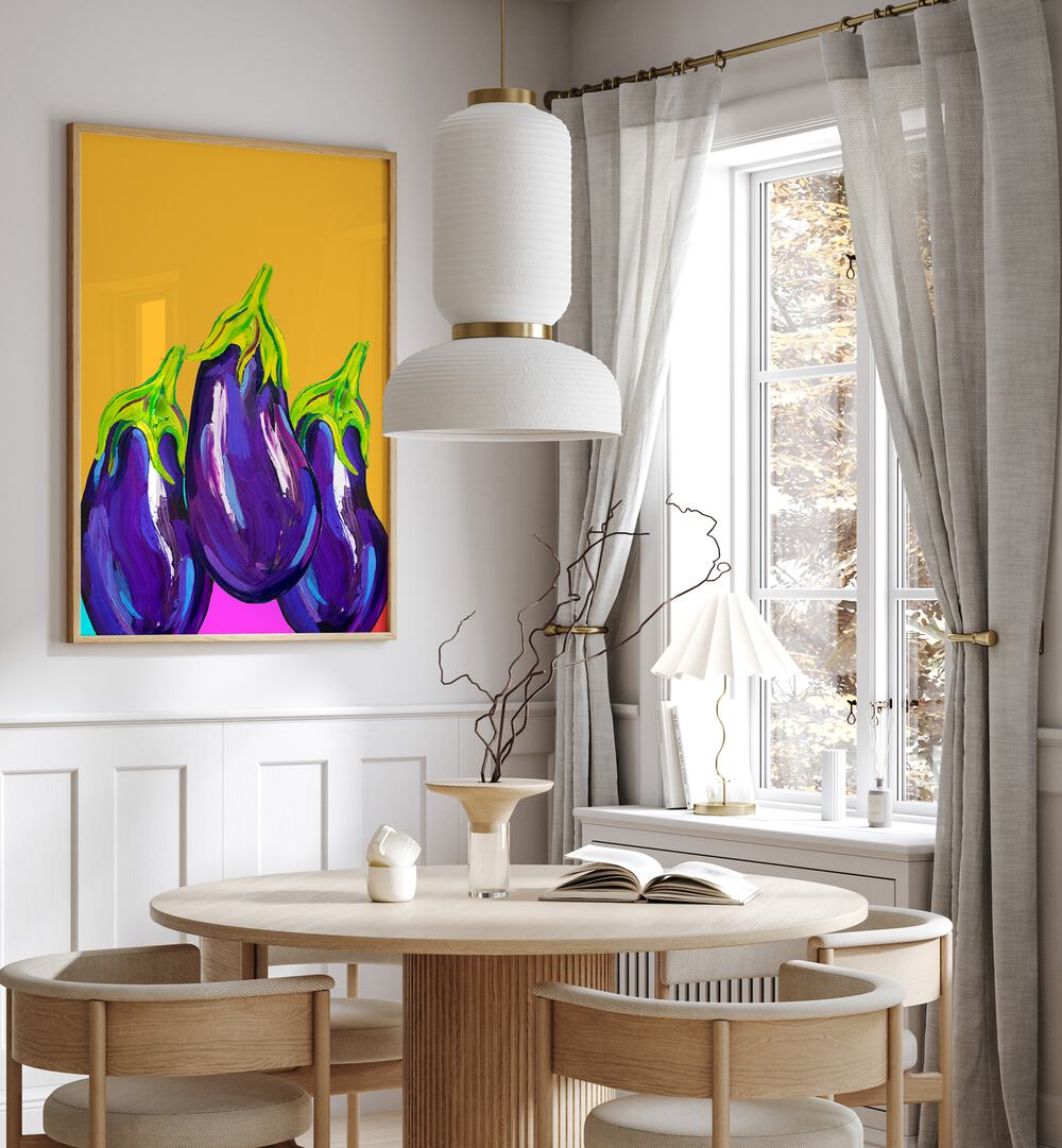 Groovy Aubergines by Alice Straker Kitchen Posters Kitchen Art Prints in Oak Wood Plain Frame placed on a wall in a dining room area beside a window and behind a dining table