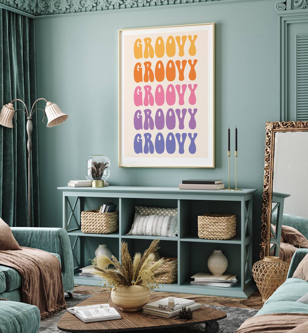 Groovy Quotes and Typography Posters in Oak Wood Plain Frame placed on a wall behind a table