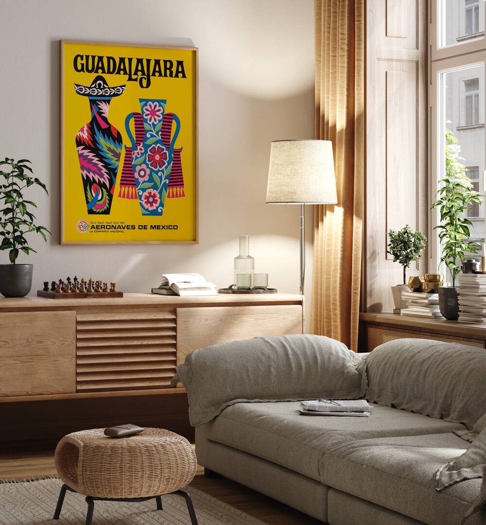 Guadalajara-Mexico  Travel Posters in Oak Wood Plain Frame placed on a wall behind a console table