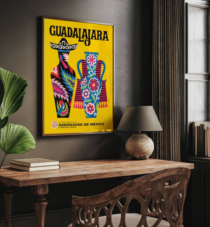 Guadalajara-Mexico  Travel Posters in Oak Wood Plain Frame placed on a wall behind a study table