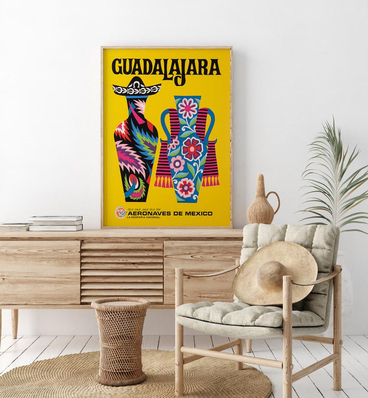 Guadalajara-Mexico  Travel Posters in Oak Wood Plain Frame placed on a console table behind a chair