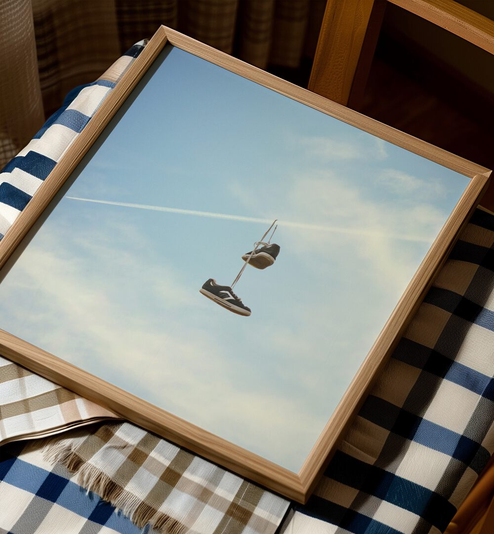 Hang N There Surreal Surreal Art Painting Artwork in plain oakwood frame on a table 