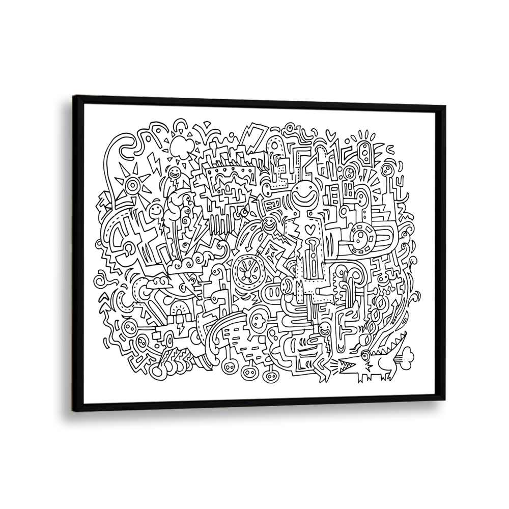 Happy Face Doodle Art Artwork in Black Plain Frame