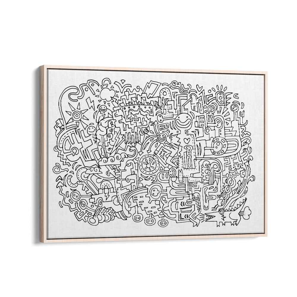 Happy Face Doodle Art Artwork in Oak Wood Floater Frame