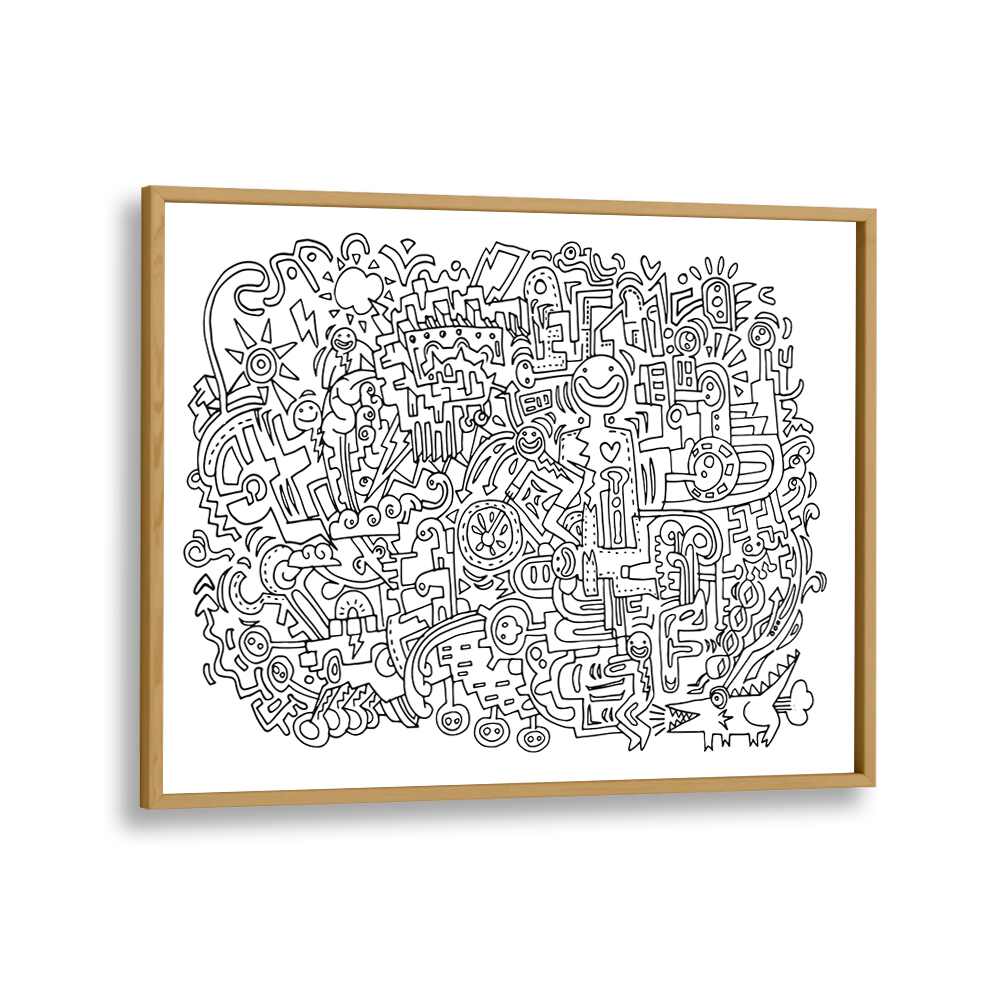 Happy Face Doodle Art Artwork in Oak Wood Plain Frame