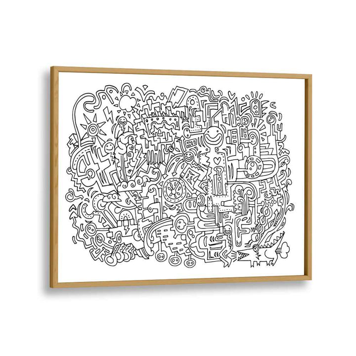 Happy Face Doodle Art Artwork in Oak Wood Plain Frame