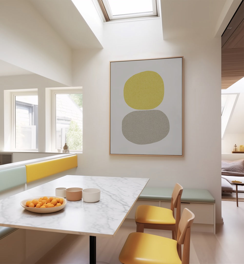 Vibrant HAPPY, ABSTRACT PAINTINGS brighten a modern dining space, bringing joy and positivity to your home decor.