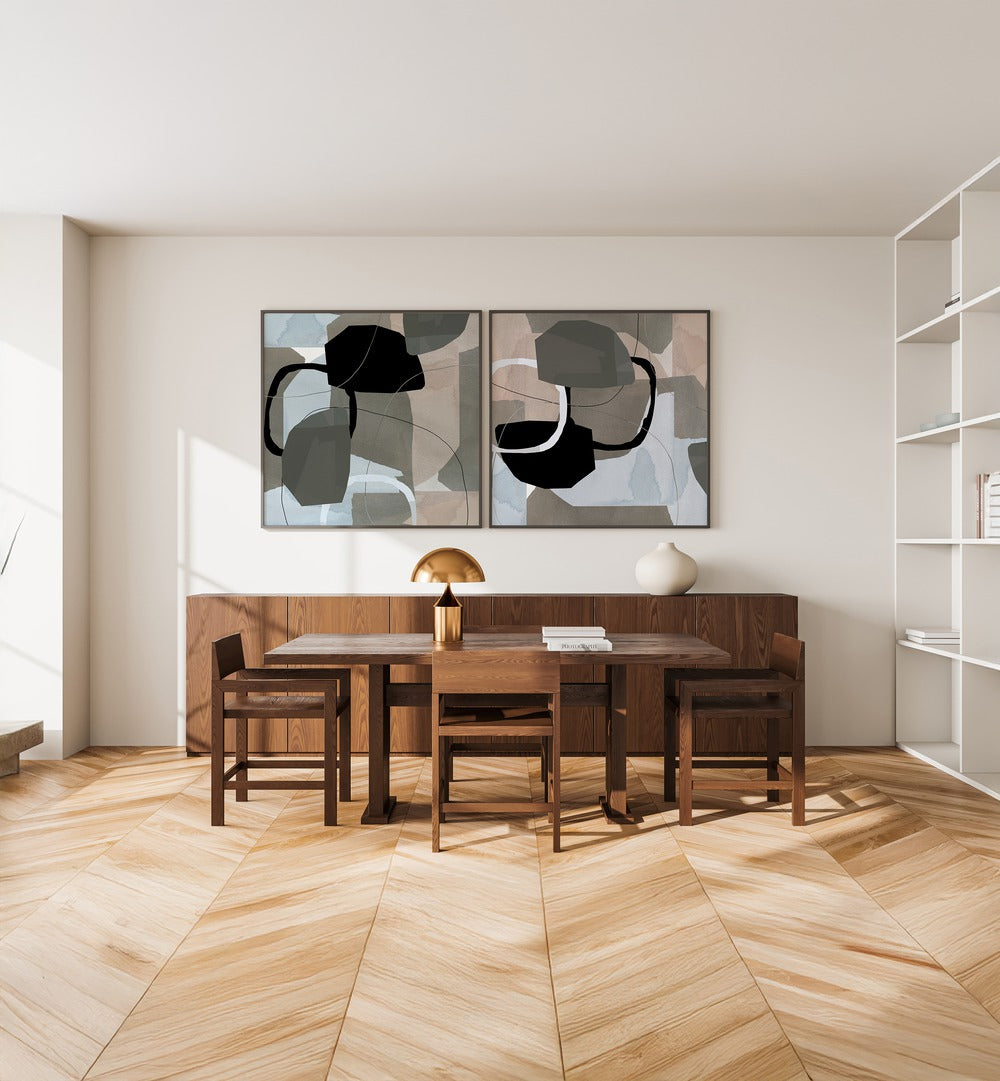 Elevate your space with the HARMONIC SHAPES SET, SET OF 2 PAINTINGS, showcasing captivating geometric designs.