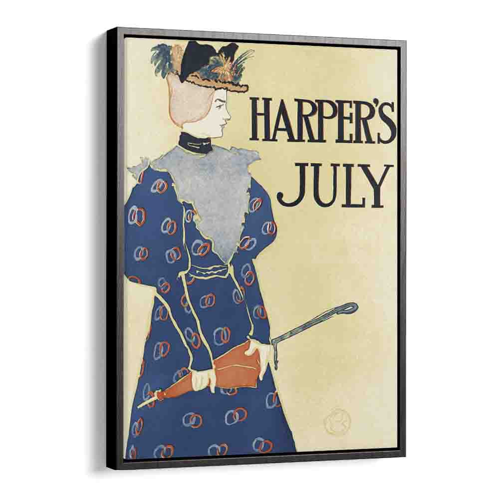 Harper's July (1896), Woman Holding An Umbrella Illustration By Edward Penfield Edward Penfield art painting Artwork in Black Floater Frame