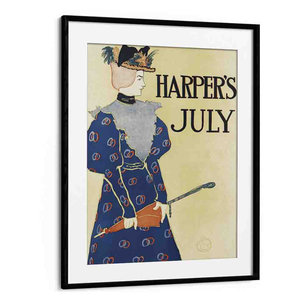 Harper's July (1896), Woman Holding An Umbrella Illustration By Edward Penfield Edward Penfield art painting Artwork in Black Frame With Mount