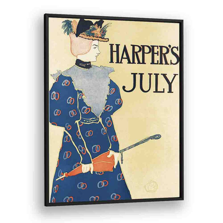 Harper's July (1896), Woman Holding An Umbrella Illustration By Edward Penfield Edward Penfield art painting Artwork in Black Plain Frame