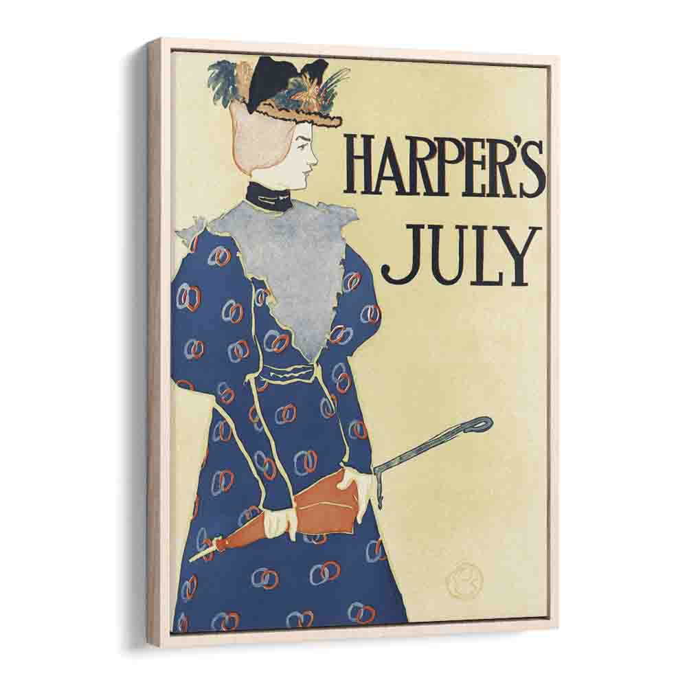 Harper's July (1896), Woman Holding An Umbrella Illustration By Edward Penfield Edward Penfield art painting Artwork in Oak Wood Floater Frame