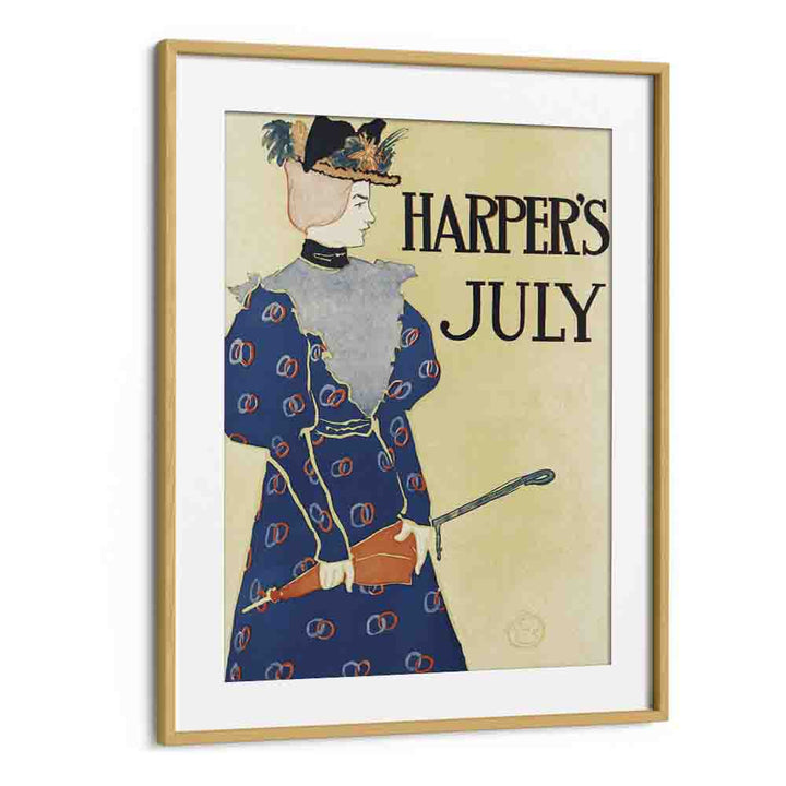 Harper's July (1896), Woman Holding An Umbrella Illustration By Edward Penfield Edward Penfield art painting Artwork in Oak Wood Frame With Mount