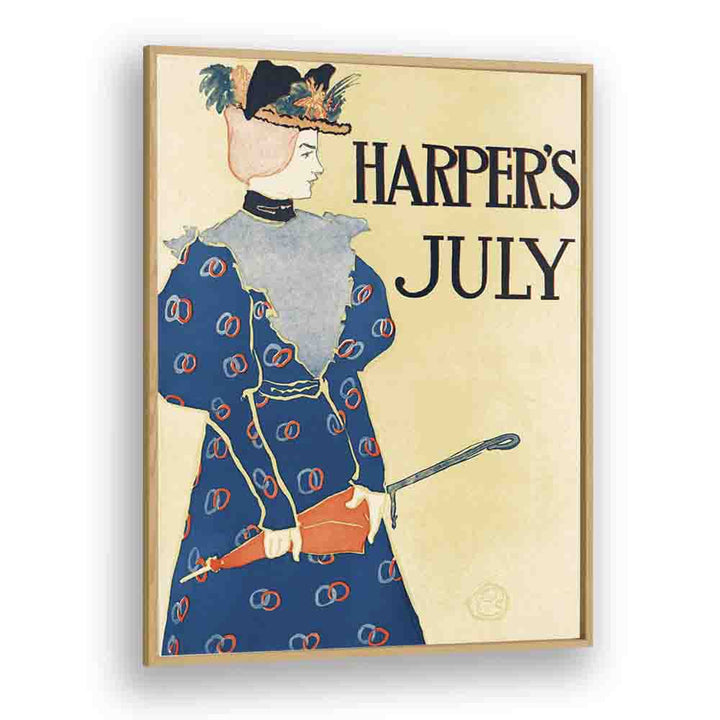 Harper's July (1896), Woman Holding An Umbrella Illustration By Edward Penfield Edward Penfield art painting Artwork in Oak Wood Plain Frame