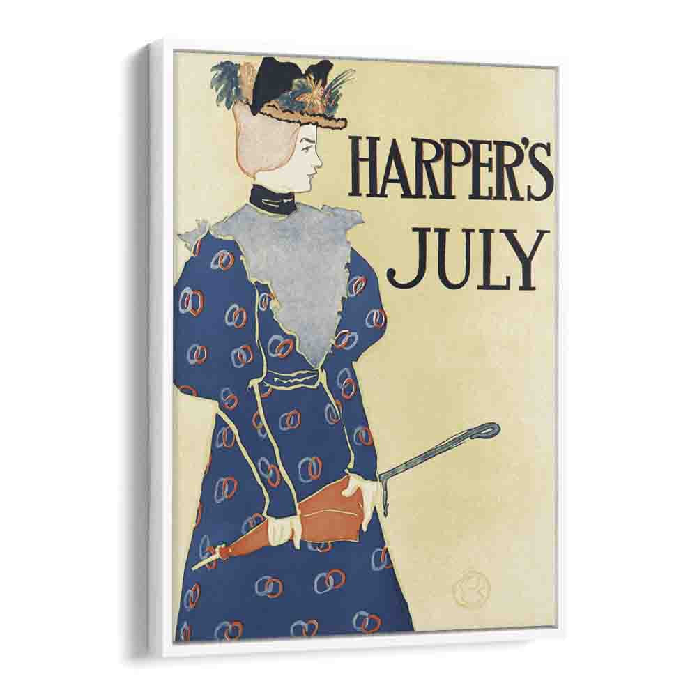 Harper's July (1896), Woman Holding An Umbrella Illustration By Edward Penfield Edward Penfield art painting Artwork in White Floater Frame