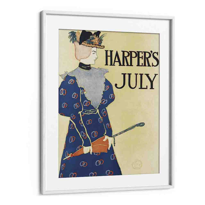 Harper's July (1896), Woman Holding An Umbrella Illustration By Edward Penfield Edward Penfield art painting Artwork in White frame With Mount