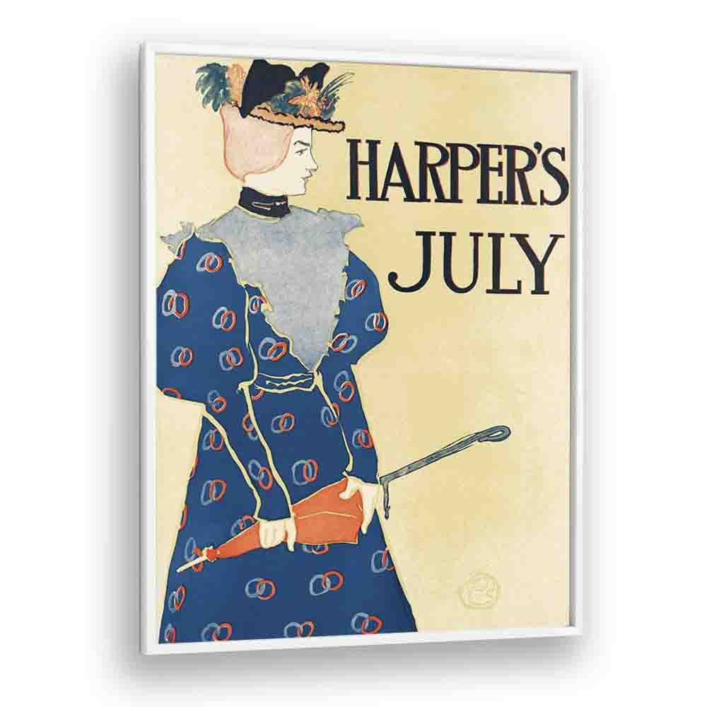 Harper's July (1896), Woman Holding An Umbrella Illustration By Edward Penfield Edward Penfield art painting Artwork in White Plain Frame