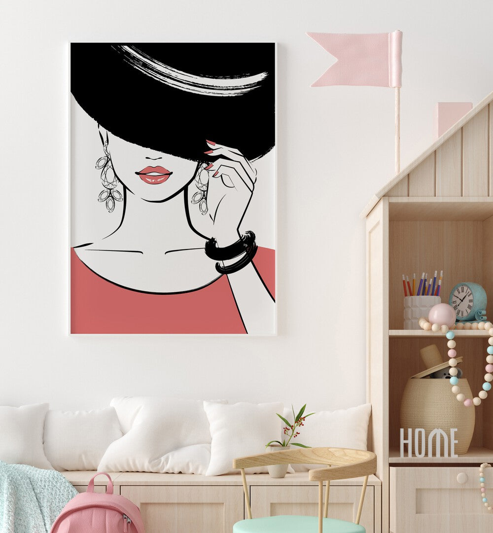 Hat Girl Fashion Art  Artwork in Gallery Wrap Artwork Placed on a wall In A Living Room 
