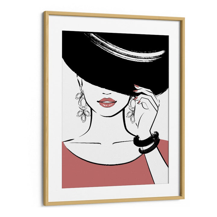 Hat Girl Fashion Art Artwork in Oak Wood Frame With Mount
