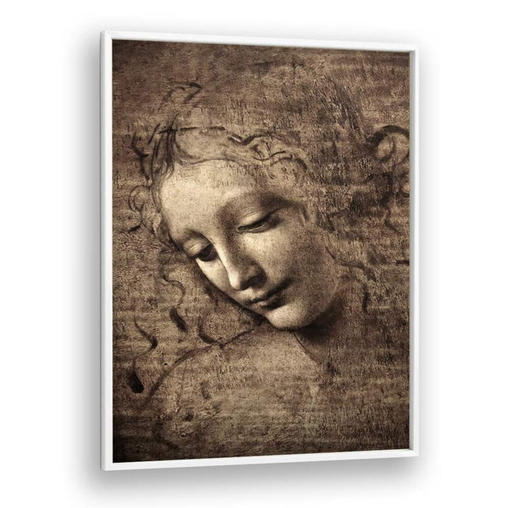 Head Of Women Leonardo Da Vinci art painting Artwork in White Plain Frame