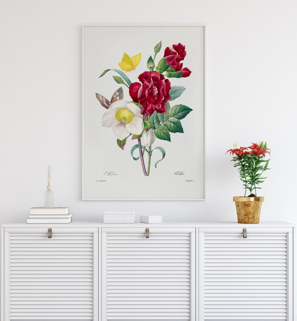 Hellebore And Oeillet Botanical Flower Paintings Artwork Placed on a wall