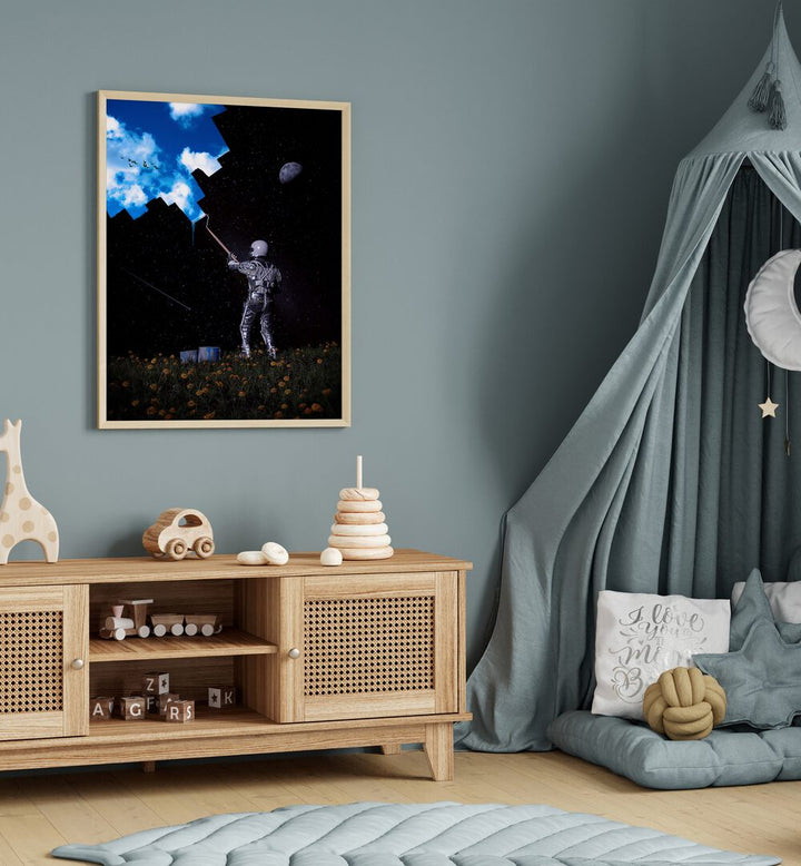 Hello Blue Sky By Francis Minoza Astronaut & Nasa Paintings, Space Art Prints Artwork in Oak Wood Plain Frame placed on a Blue Colored Wall in the Kids Room
