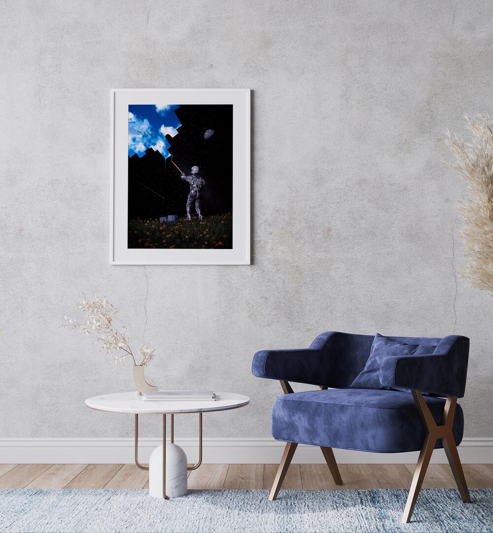 Hello Blue Sky By Francis Minoza Astronaut & Nasa Paintings, Space Art Prints Artwork in White Frame With Mount placed on a Grey Colored Wall in the Drawing Room
