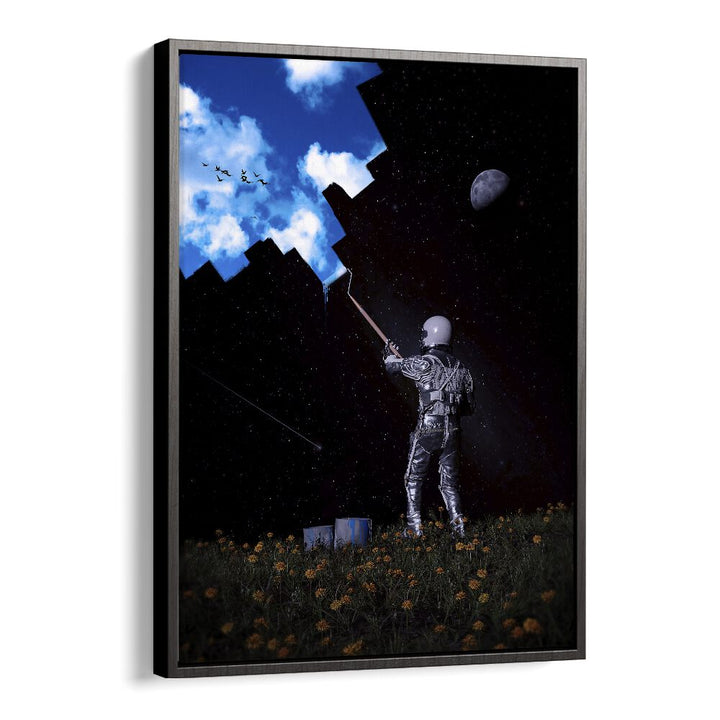 Hello Blue Sky By Francis Minoza Astronaut & Nasa Paintings, Space Art Prints Artwork in Black Floater Frame
