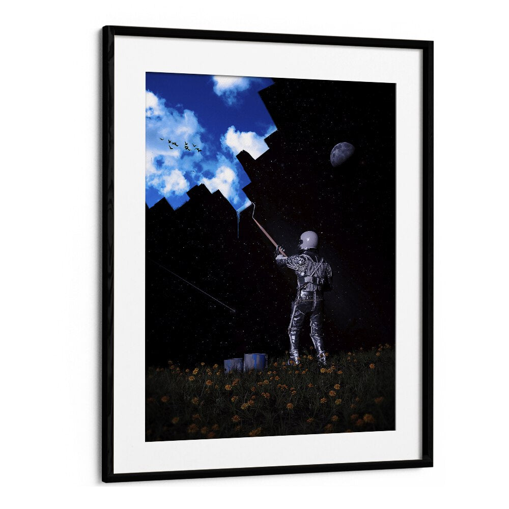 Hello Blue Sky By Francis Minoza Astronaut & Nasa Paintings, Space Art Prints Artwork in Black Frame With Mount
