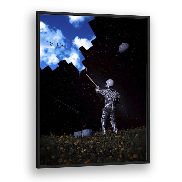 Hello Blue Sky By Francis Minoza Astronaut & Nasa Paintings, Space Art Prints Artwork in Black Plain Frame
