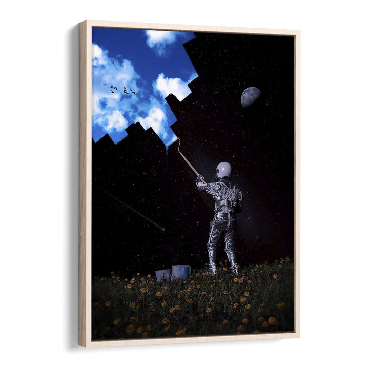 Hello Blue Sky By Francis Minoza Astronaut & Nasa Paintings, Space Art Prints Artwork in Oak Wood Floater Frame
