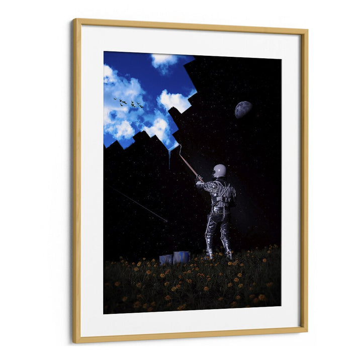 Hello Blue Sky By Francis Minoza Astronaut & Nasa Paintings, Space Art Prints Artwork in Oak Wood Frame With Mount
