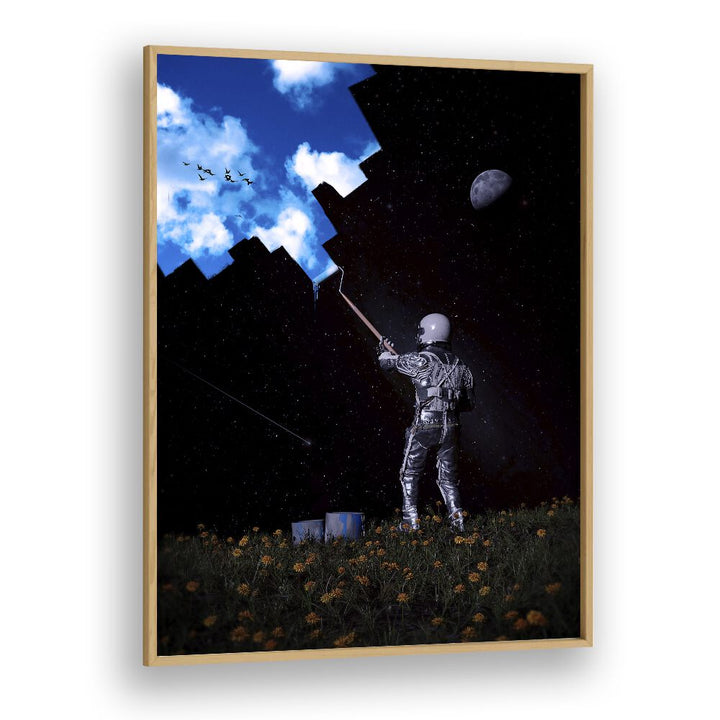 Hello Blue Sky By Francis Minoza Astronaut & Nasa Paintings, Space Art Prints Artwork in Oak Wood Plain Frame
