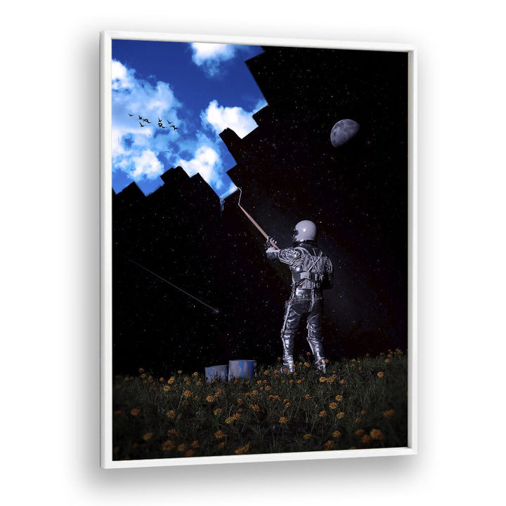 Hello Blue Sky By Francis Minoza Astronaut & Nasa Paintings, Space Art Prints Artwork in White Plain Frame
