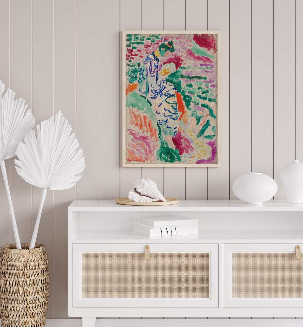 Henri Matisse's 'la Japonaise Vintage Art Painting Artwork in plain oakwood frame above a white console table beside a plant vase