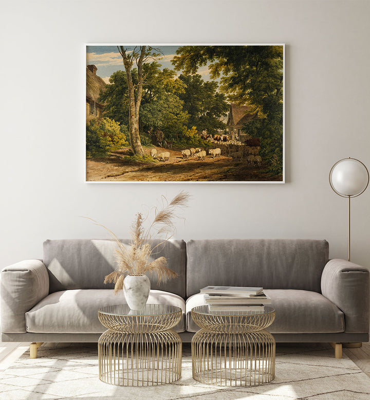 HERD OF SHEEP ON ROAD PAINTING ,VINTAGE LANDSCAPE