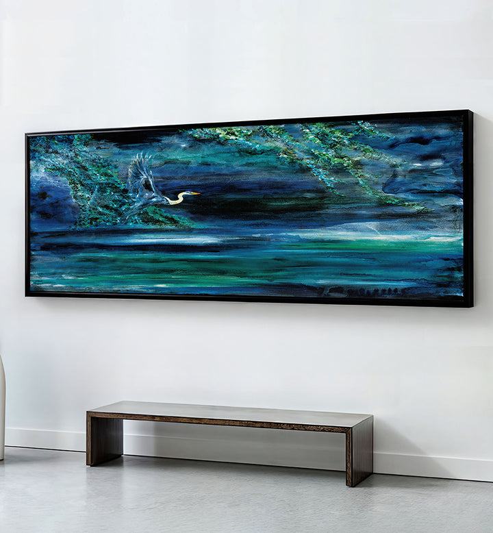 HERON OVER DARK WATER , PANORAMIC ART